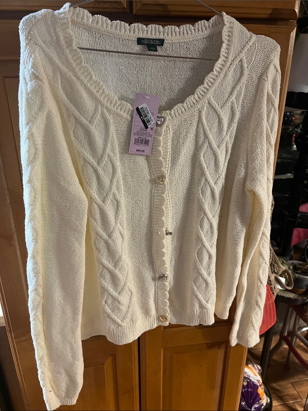 Wild Fable Cream Cable Knit Cardigan with Decorative Heart Buttons sz Large
